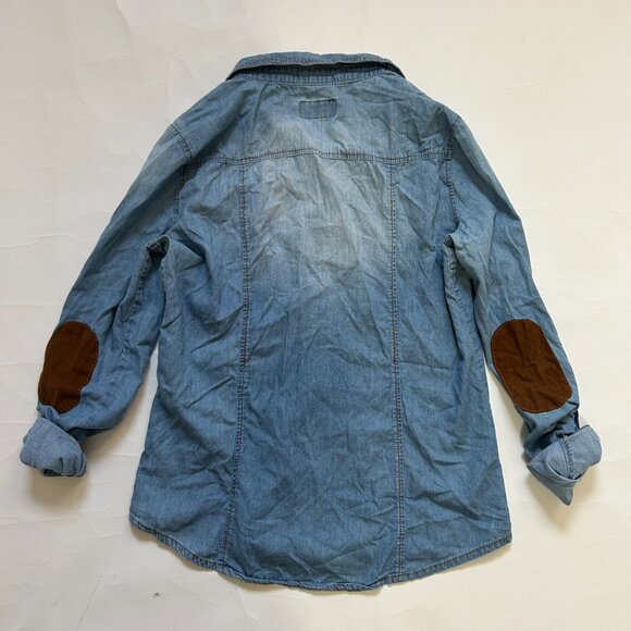 Ci Sono Western Pearl Snap Denim Shirt Womens M Faded Elbow Patch Boho Roll Tab - Picture 12 of 16